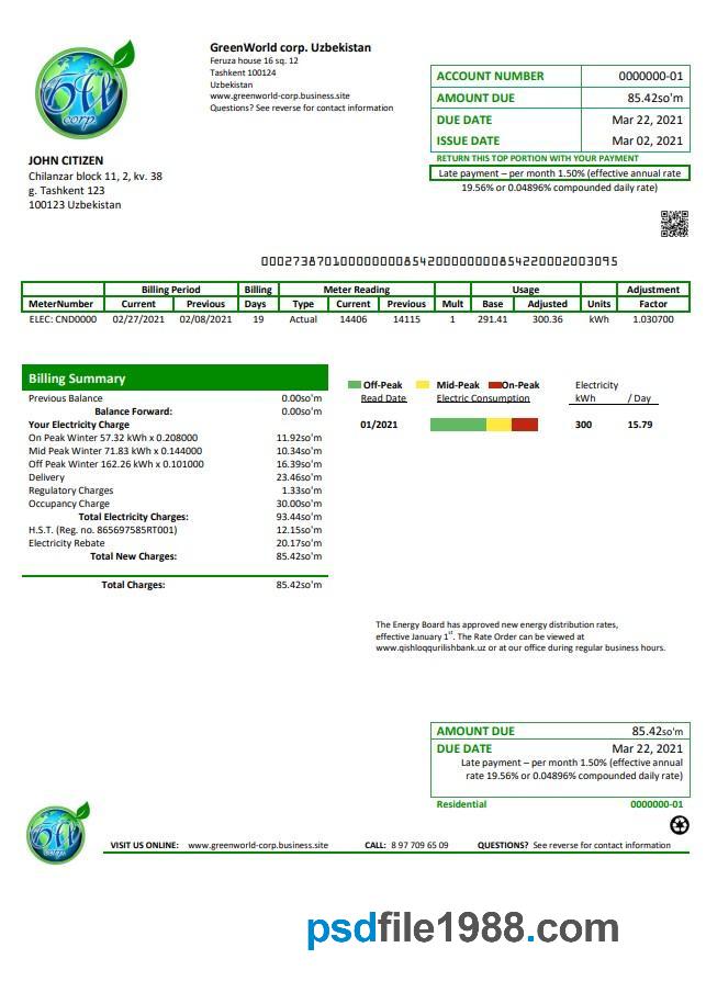 Uzbekistan GreenWorld Utility Bill
